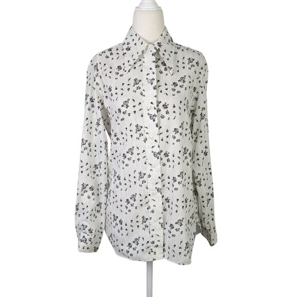 Vintage 70s Wrangler white and black floral button down top M - Picture 1 of 5
